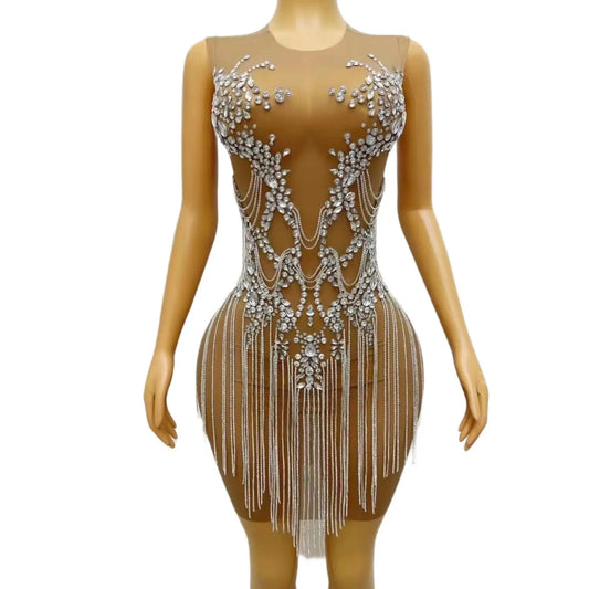 Sexy Transparent Crystal Tassel Sequin Cocktail Night Club Party Mini Dress Plus Size Dinner Gown Women Dancer Wear Prom Dress