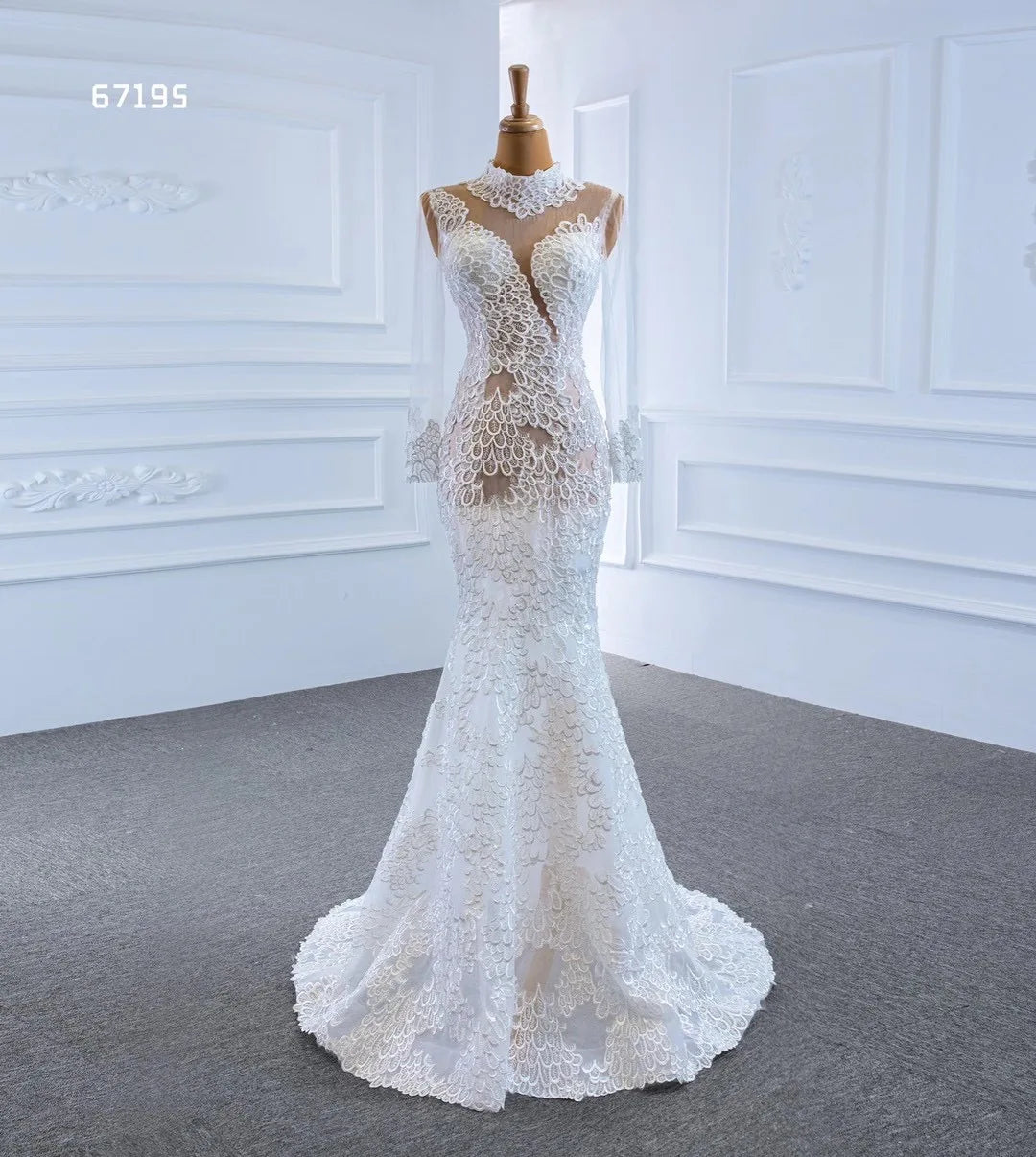 Feishiluo Newly Designed Mermaid Wedding Dress Ivory Bead Lace & Long Embroidered Appliqued Pearls Sleeveless for Women