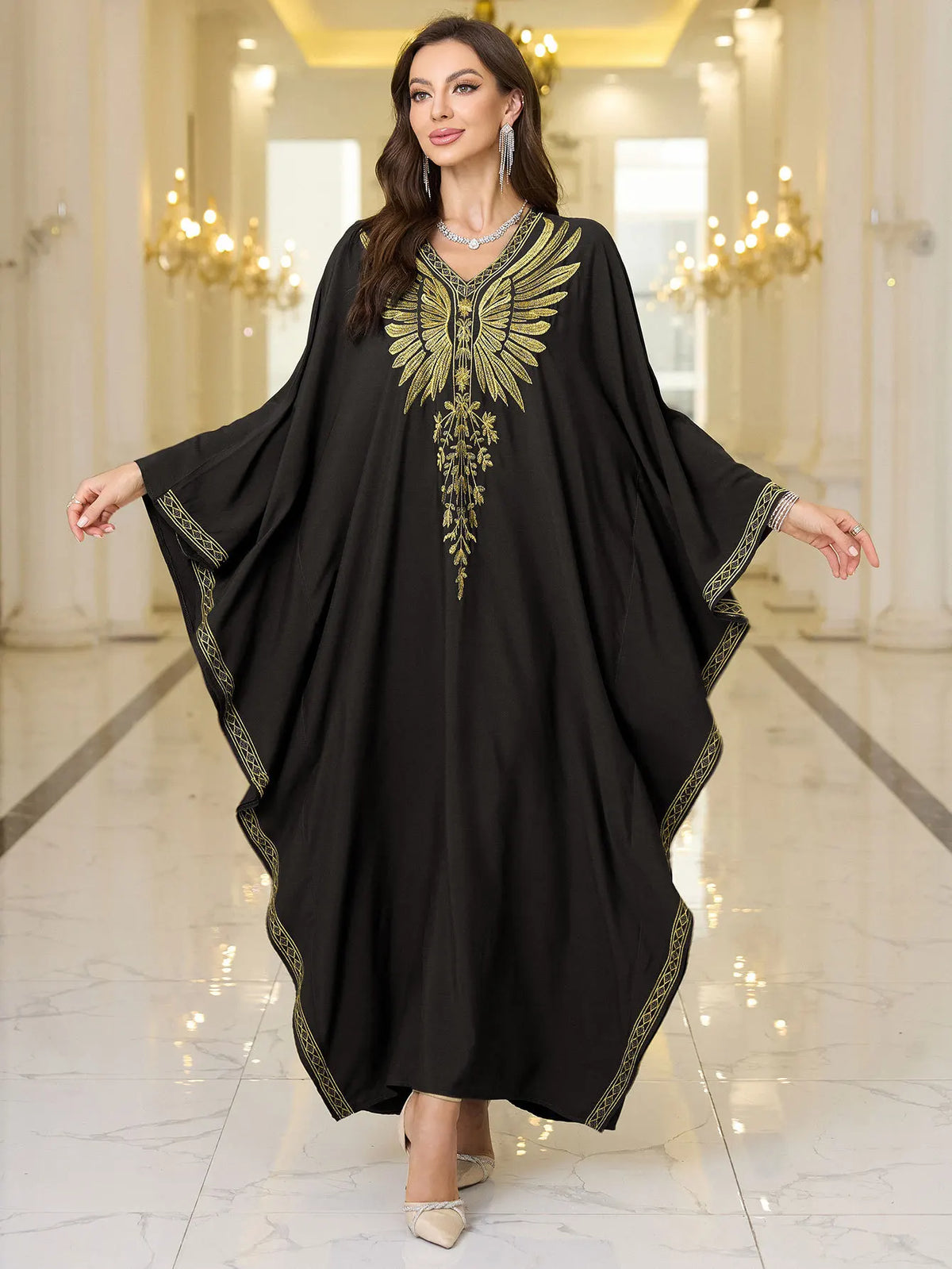 Beach Abaya in Rayon with Gold Embroidery and Batwing Sleeves for Vacation Available on for (24 Colors) L4125