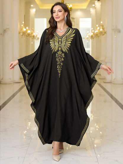 Beach Abaya in Rayon with Gold Embroidery and Batwing Sleeves for Vacation Available on for (24 Colors) L4125