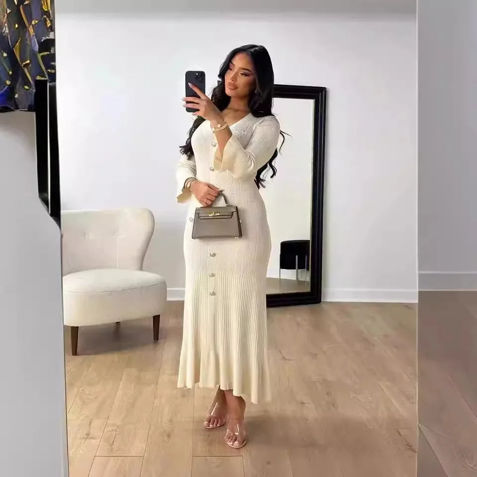 Women's Casual Elegant V-Neck Knitted Maxi Skirt for Winter Autumn Flared Fishtail Dress with Solid Pencil Washable