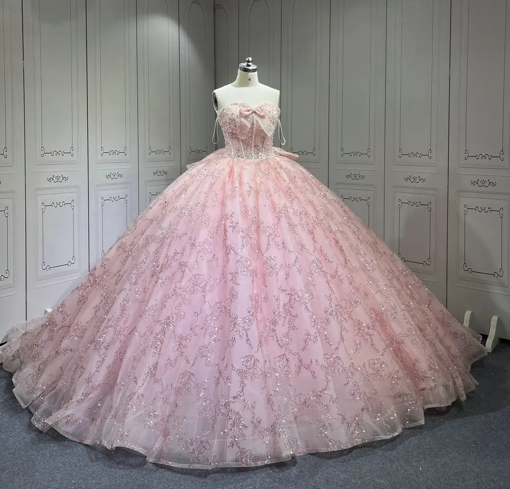 Mumuleo Sleeveless Crystal Vestidos De 15 Anos Pink Quinceanera Dress Sweetheart Neck Glitter Sequin Sweet 15 Gowns With Bow