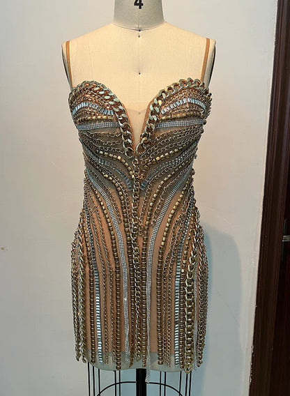 ED2566 Summer Satin Sequined Crossover High Ding Metal Chain Sexy Deep V Tube Top Short Bodycon Party Dress