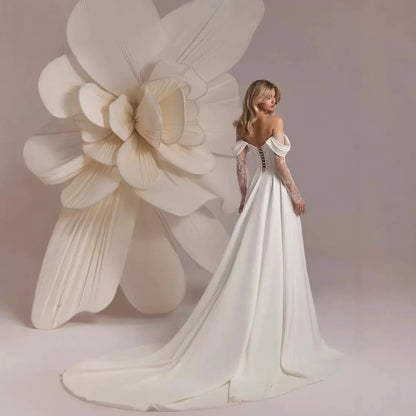 FA325 Lace Long Sleeve Wedding Dresses Off Shoulder A-Line Bridal Gowns Backless Princess Appliques Bride Gown Customized