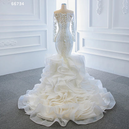 Jancember RSM66734 Mermaid Tail Off Shoulder Luxurious Long Sleeve Lace Wedding Dress