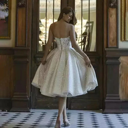 13830# Elegant Sequined A-Line Bridal Gown 2022 Fashion Lace Cap Appliques Wedding Dress Short Lace-Up Evening Dress Party Dress