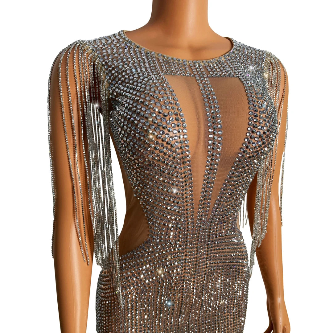 Sparkly Mesh See Through Rhinestone Tassel Birthday Party Evening Bodycon Dress Women Sexy Prom Club Mini Dress Festival Outfit