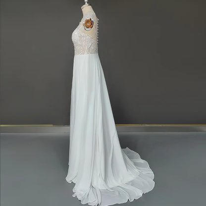 11094#Sheer Back Sweetheart Short Sleeve Lace Applique a Line Sweep Train Bohemian Chiffon Bridal Gowns Ladies Wedding Dress