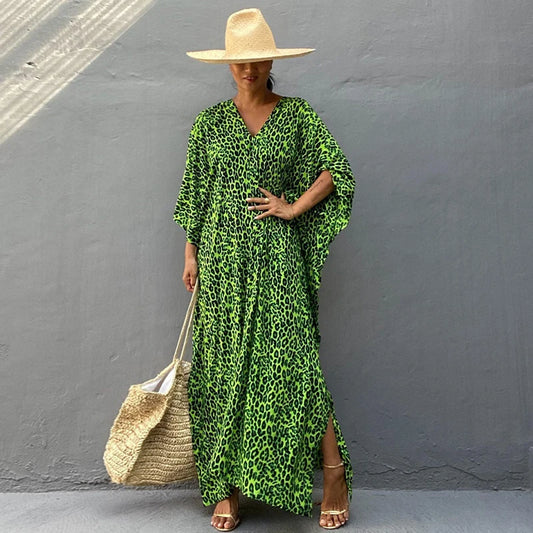 Elegant Short Sleeve Spring Female Party Dress Vestidos, Women V Neck Side Slit Long Summer Floral Print Kaftan
