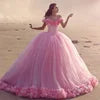QD1513 Gorgeous Pink Tulle Quinceanera Dresses Sexy Off the Shoulder Ball Gown Quinceanera Dress With Flowers Sweet 16