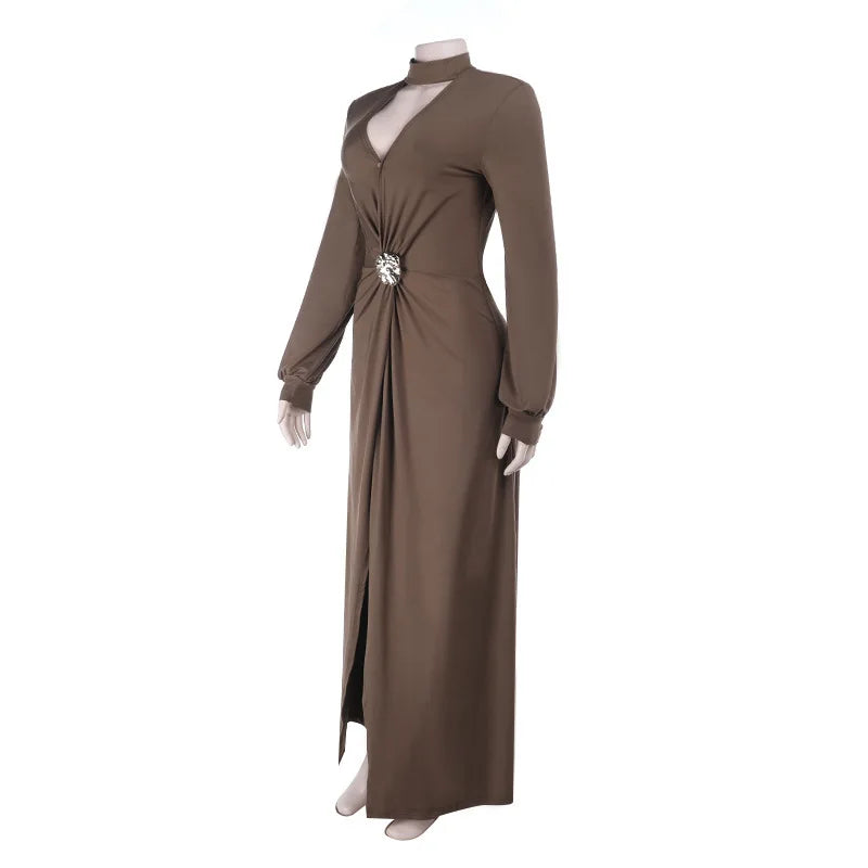 Cross-border Fashion Deep V High Split New Long Dress Pleated Design Sense Celeb Dress Dress
