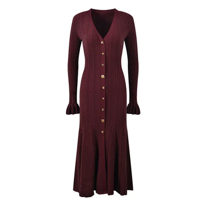 Women's Casual Elegant V-Neck Knitted Maxi Skirt for Winter Autumn Flared Fishtail Dress with Solid Pencil Washable