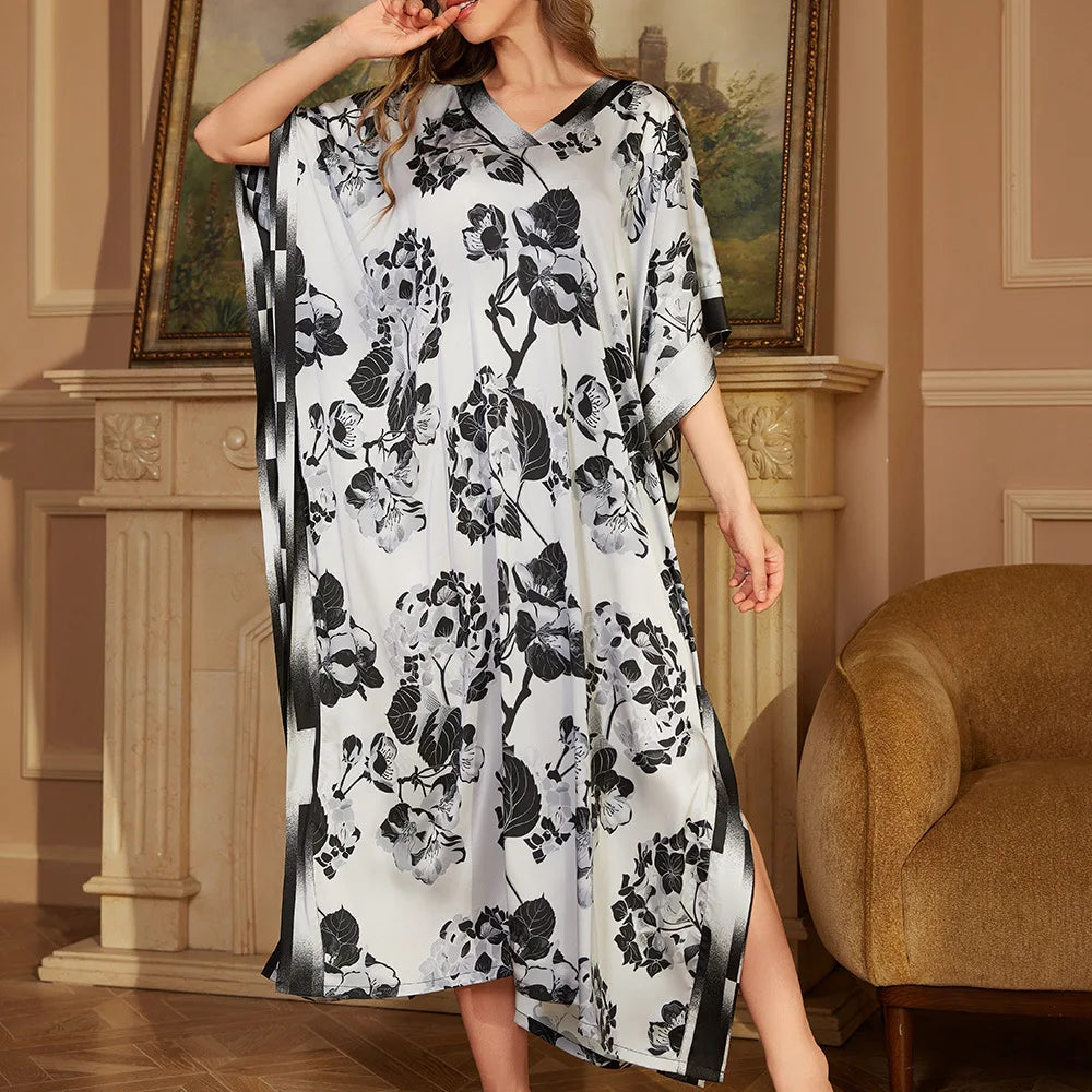2026 New Satin Printed Abaya Women Traditional Islamic Clothing Long Robe Modest Muslim Dress