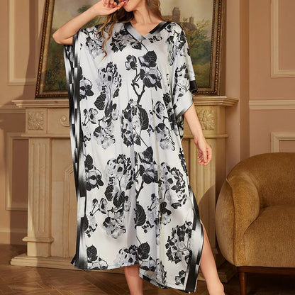 2026 New Satin Printed Abaya Women Traditional Islamic Clothing Long Robe Modest Muslim Dress