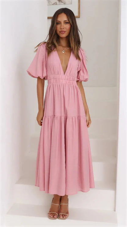 Women 2024 Puff Sleeve Deep V Neck Long Dresses Summer for Woman Sexy Green Women's Dress Summer Royal Blue