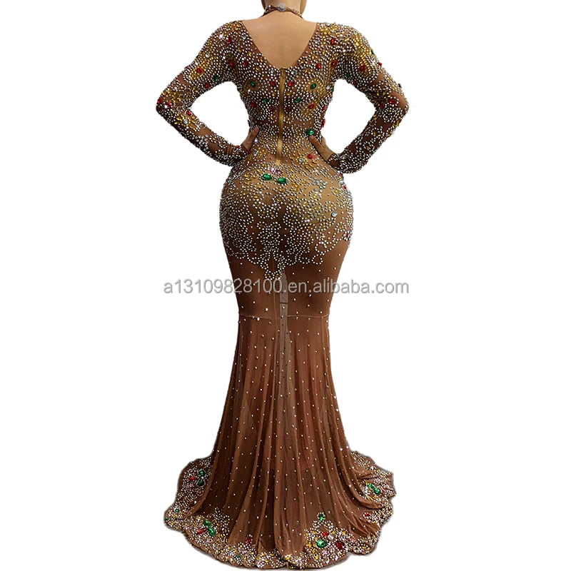 Female Elastic Mesh Feather Nude Long Sleeve Wrap Hip Dress Wedding Evening Perspective Long Dress Singer Host Catwalk Dresses