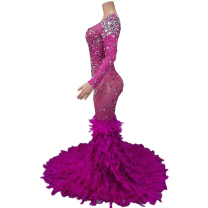 Elegant Pink Diamond Formal Birthday Cocktail Evening Dress Long Tail Ball Gown Women Feathers Pageant Party Prom Mermaid Dress