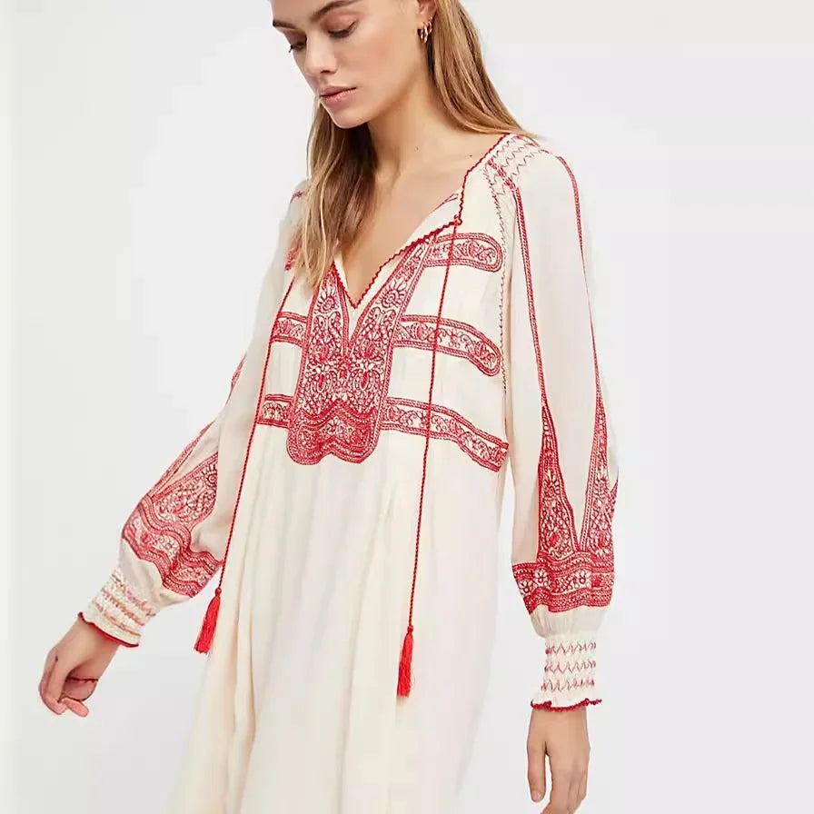Bohemian Embroidered Shirt for Women Hippie Clothes Mexican Peasant DressTraditional Boho Clothing Tunic Dress