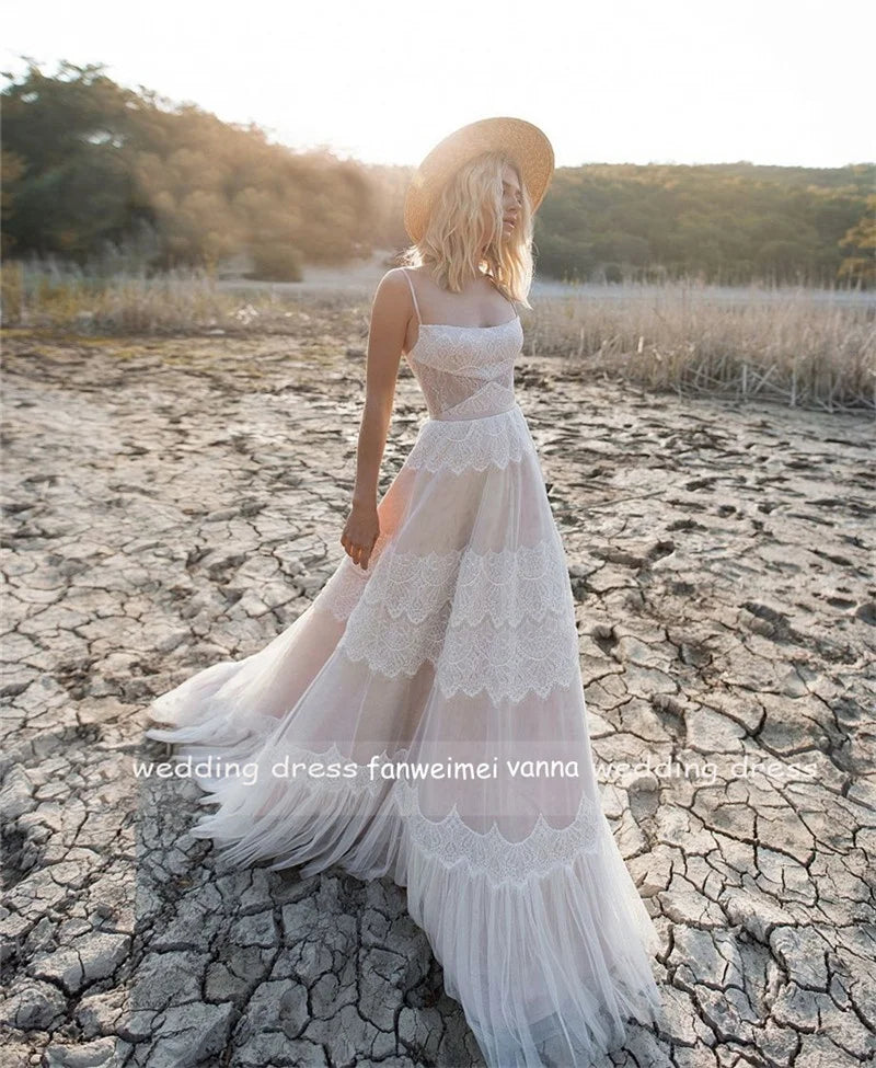 #1247 Spaghetti Straps Soft Lace Sleeveless Sweep Train A-Line Bohemian Beach Backless Wedding Dress Bridal Gowns Evening Dress