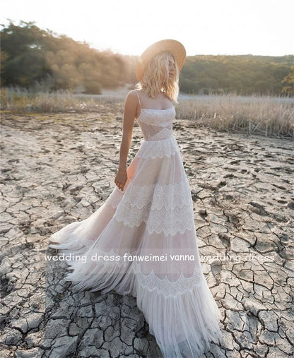 #1247 Spaghetti Straps Soft Lace Sleeveless Sweep Train A-Line Bohemian Beach Backless Wedding Dress Bridal Gowns Evening Dress