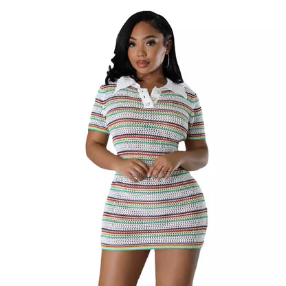AJ4450 Winter A-Line Casual Women's Woolen Neck Knitted Slim-fit Short Sleeve Striped Button Polo Neck Dress