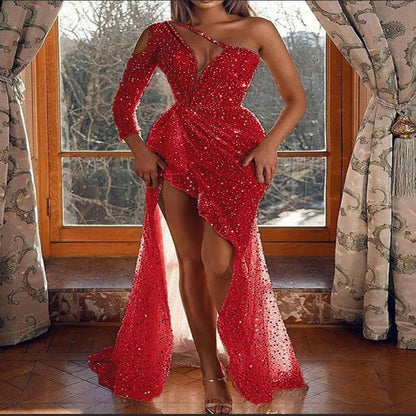 Think 2025 New Arrivals Lady Luxury Single Shoulder Elegant Dresses Women Irregular Designer Evening Teal Sequin Fashion Dress