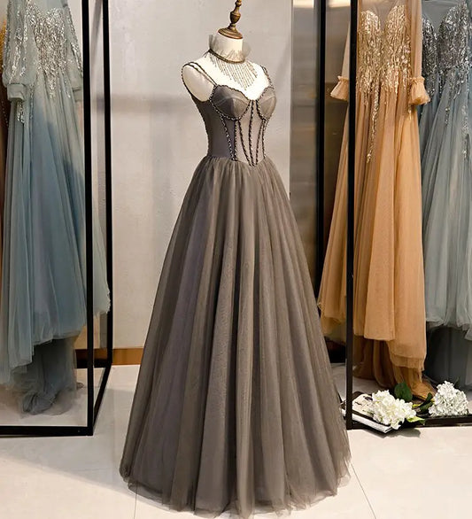 Real Photos Spaghetti Straps Lace Wedding Party Dress Exquisite   Beading Bridal Gown With Necklace Evening Prom Dress 15391