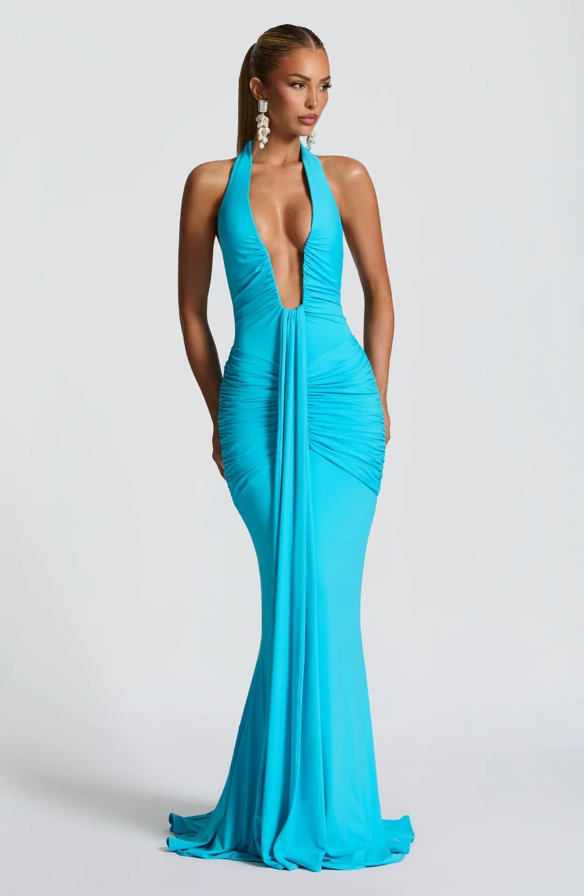 2026 Fashion Summer Women Halter Deep V-Neck Backless Solid Casual Maxi 100% Polyester Crystal Vacation Dresses
