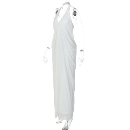 Sexy Halter Neck Backless White Mesh Casual Women Summer Maxi Dress Elegant Ladies Fashion Western Dresses 2026 New Arrivals