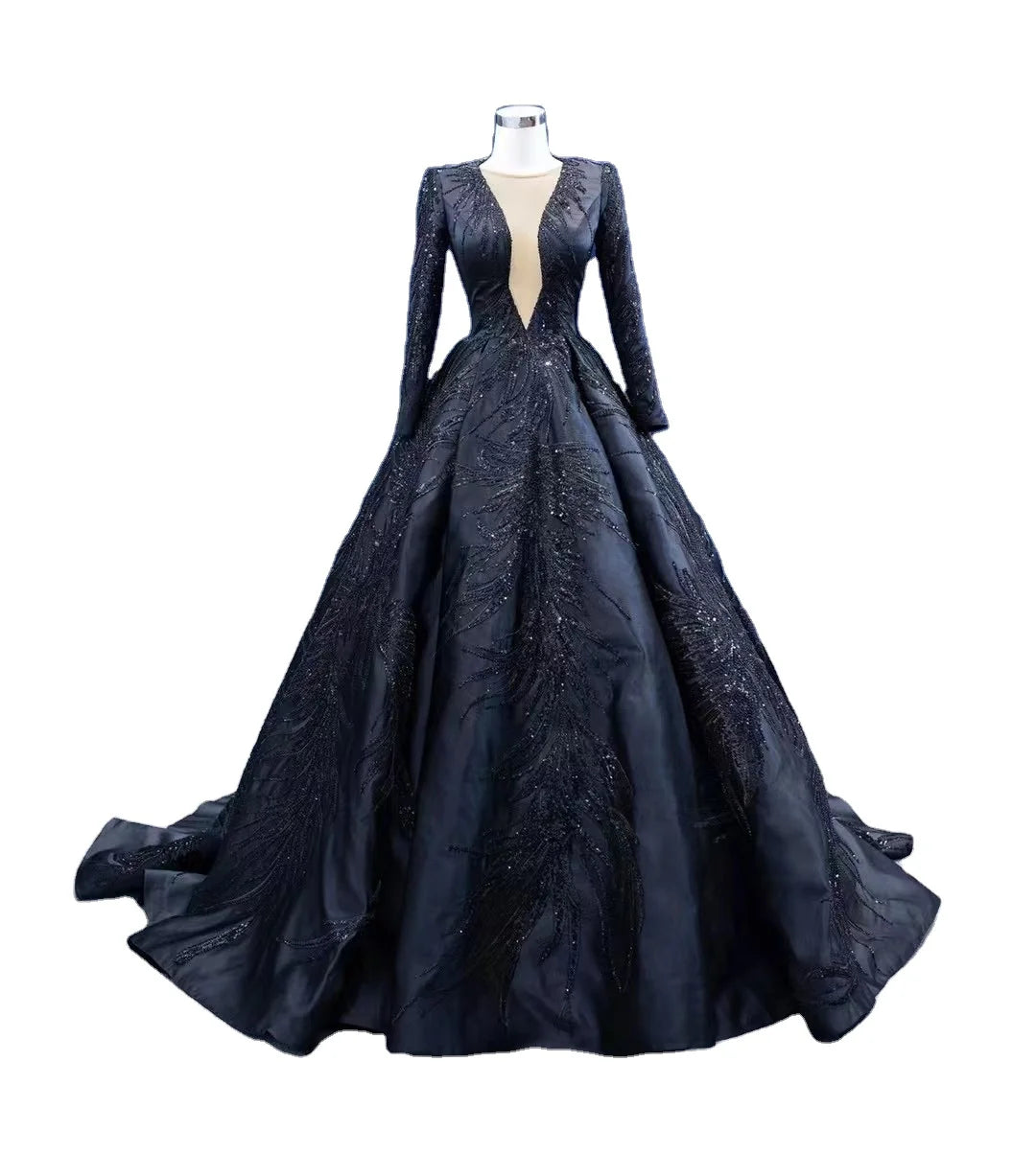 Wholesale Feishiluo Luxury Bead Wedding Dress Gowns Black Bridal Long Sleeves Dress