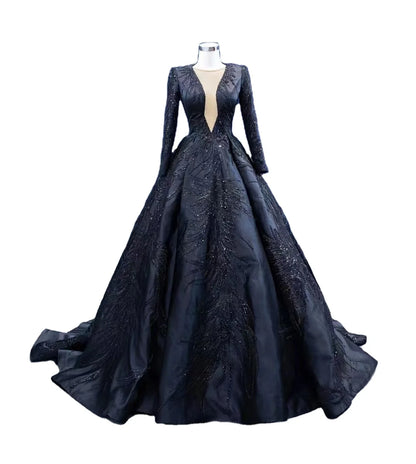Wholesale Feishiluo Luxury Bead Wedding Dress Gowns Black Bridal Long Sleeves Dress