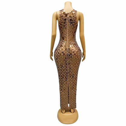 Vestidos Mujer Sleeveless Mirror Sequins Prom Gown See Through Nightclub Party Long Dress Women Formal Banquet Evening Dress
