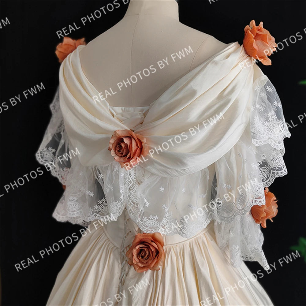 Real Photos High Quality 1920s Vintage 3D Flower Taffeta Wedding Dress Elegant Women Lace Ball Gown Bride Dress for Wedding 2373
