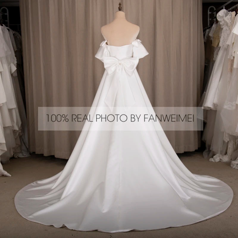 Real Photos Simple Bow Corset Back Strapless Wedding Dress Short Sleeve Satin A-Line Bridal Gown for Wedding Dress Bridal Gown