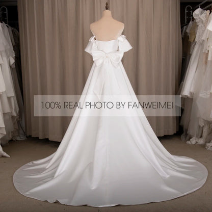 Real Photos Simple Bow Corset Back Strapless Wedding Dress Short Sleeve Satin A-Line Bridal Gown for Wedding Dress Bridal Gown