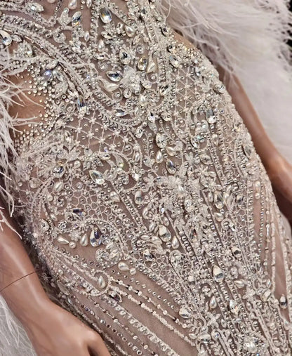 Women's Elegant Fishtail Evening Club Dress Premium Quality Luxury Fashion Rhinestone Hollow Feather Slim Hip Design Direct