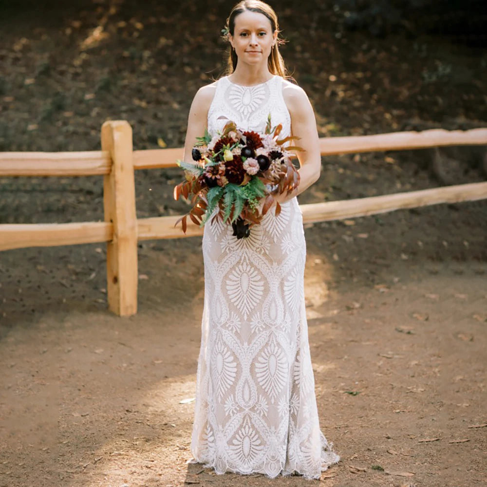 8406# Real Photos Elegant Sleeveless O-neck Sheath Wedding Dress Backless Sweep Train Bridal Gown for Women Custom Made Boho