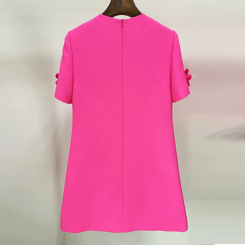 HIGH QUALITY Newest 2023 Designer Fashion Women's Short Sleeve Handmade 3D Flowers Appliques Elegant Dress