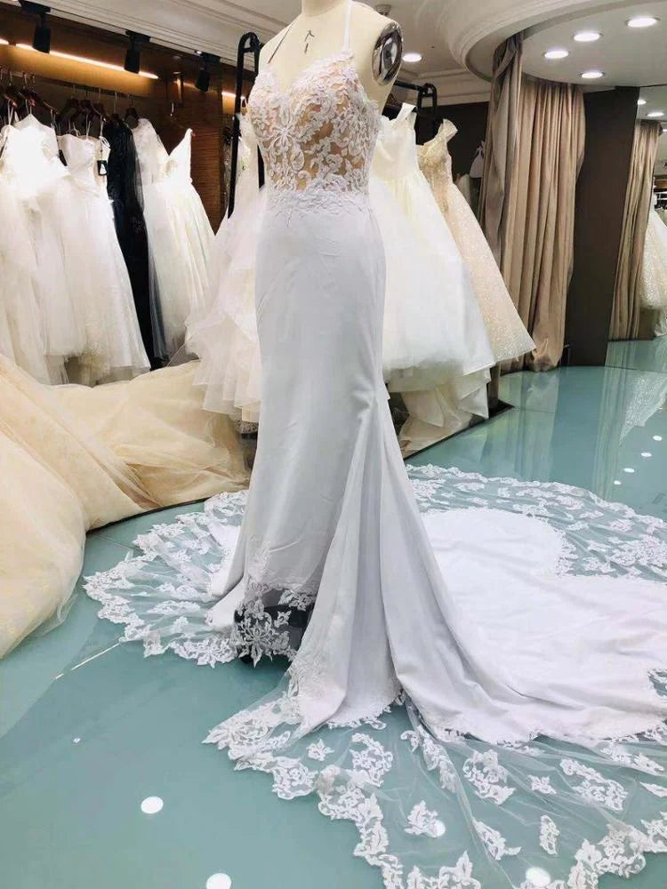 6264# Real Photos Spaghetti Strap Sleeveless Mermaid Deep V-Neck Satin Lace Open Back Bridal Wedding Dress Gown