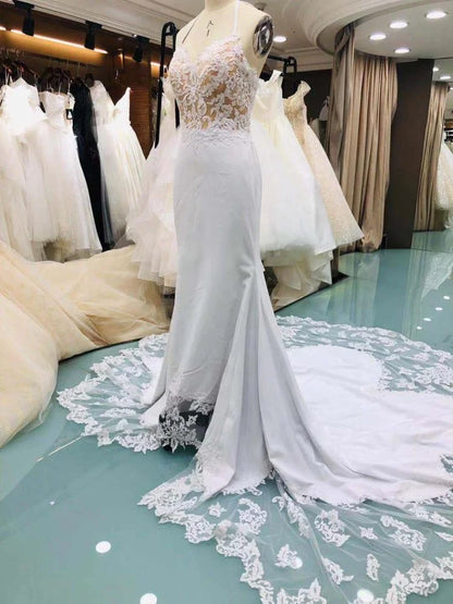 6264# Real Photos Spaghetti Strap Sleeveless Mermaid Deep V-Neck Satin Lace Open Back Bridal Wedding Dress Gown