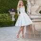 FA199 Short Wedding Dress Knee-Length Vestido De Noiva Boat Neck Half Sleeve Lace Top A-line Satin Bridal Gown