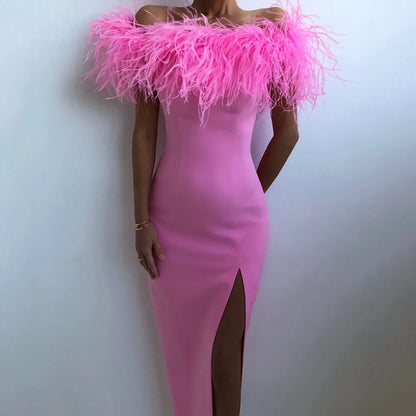 New Multicolor Simple Sleeveless Split Front Sheath Evening Dress With Feathers Prom Party Dress for Plus Size Women Custom Made