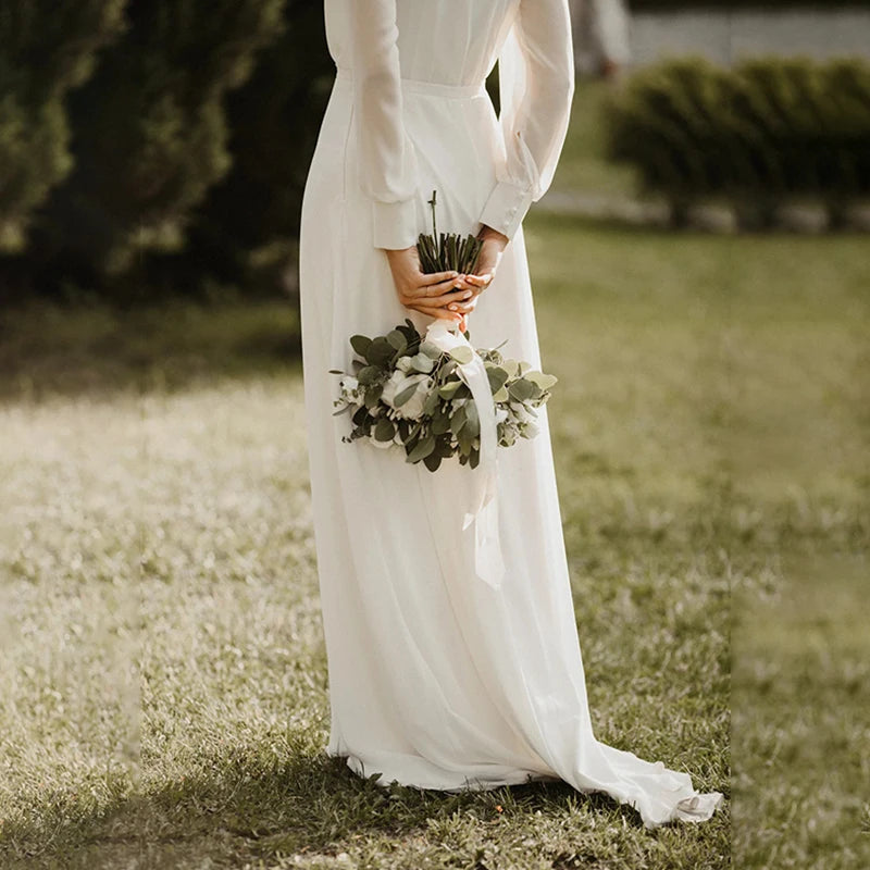 13814# Elegant Long Puff Sleeve Wedding Dress 2022 Simple A-Line Chiffon V-Neck Bridal Gown Button Sweep Train Wedding Gown