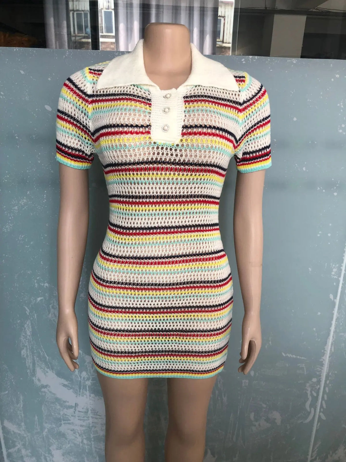 AJ4450 Winter A-Line Casual Women's Woolen Neck Knitted Slim-fit Short Sleeve Striped Button Polo Neck Dress