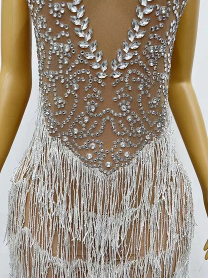 Elegant Rhinestone Tassel Short Birthday Prom Dress Lady Dancer Costume Formal Party Evening Dresses Women Night Club Dress