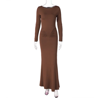 Hot Sale 2025 Summer Slim Fit Long Sleeve Dress Women Casual Round Neck Ruffles Dress Wholesale