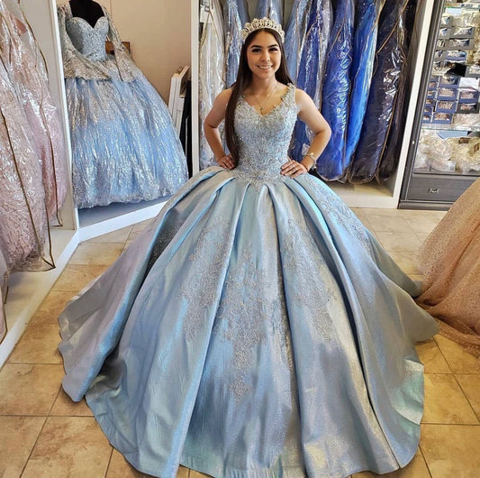 QD1522 Light Blue Quinceanera Dress 2022 V-Neck Sequins Beads Lace Backless Party Princess Sweet 16 Ball Gown