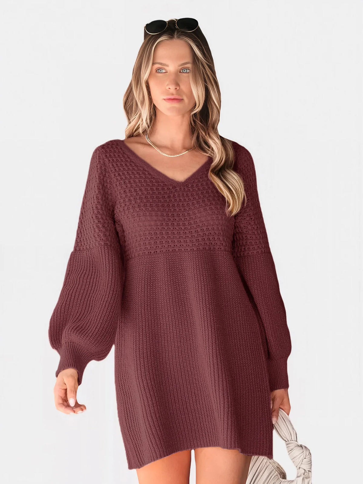 Hot Sale European American Style Autumn Winter Casual Dating V-neck Puff Sleeve Solid Color Sweater Dress