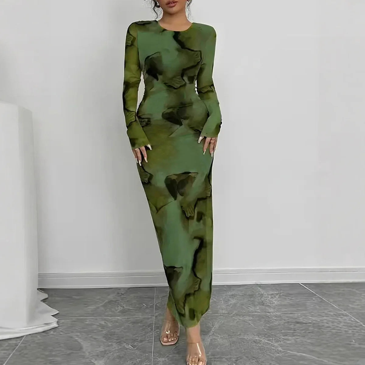 BR6013 Women's Vintage Printed Stretchy Dress Empire Waist Crew Neck Long Skirt Anti-Static Polyester Spandex