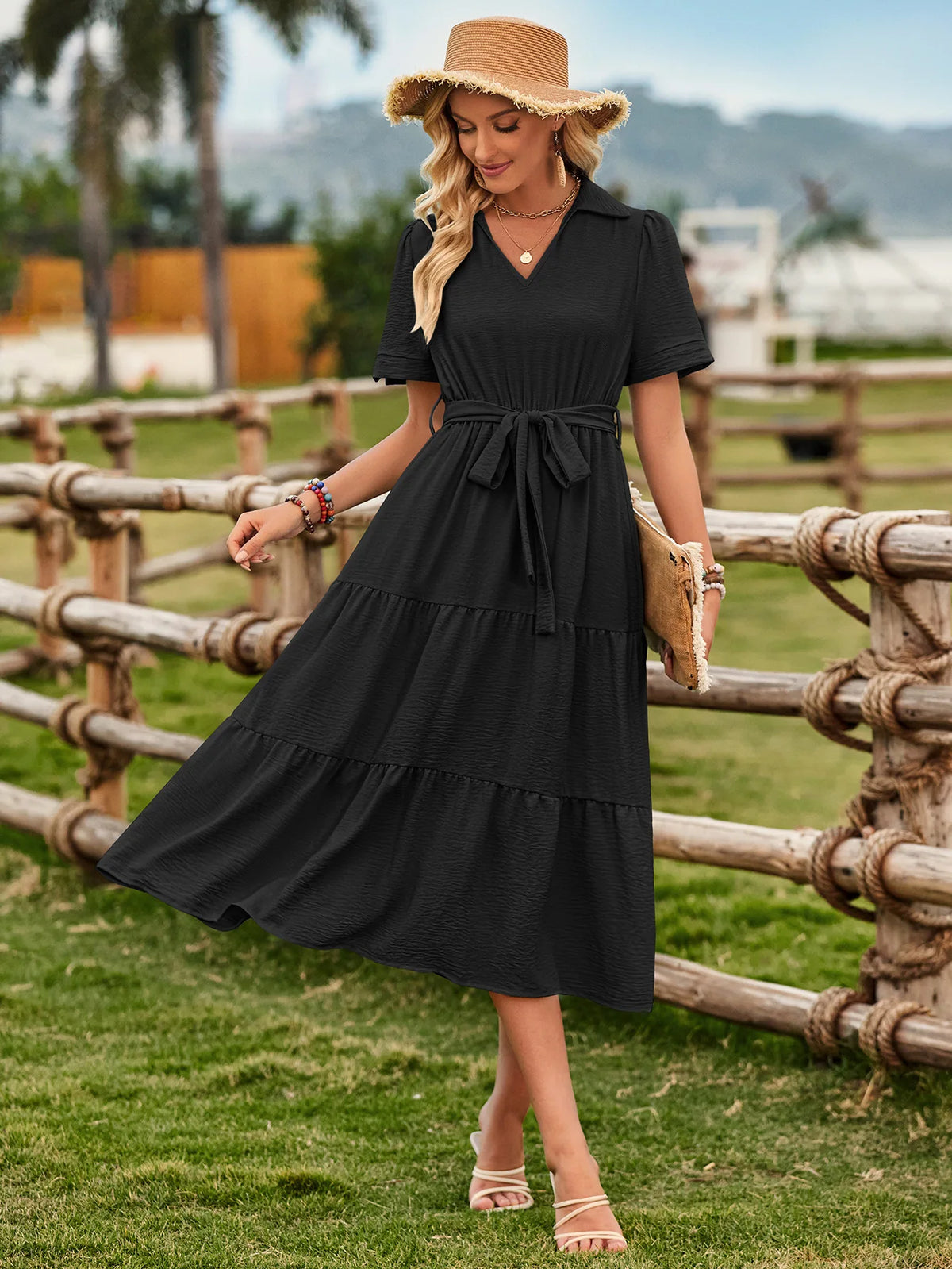 2024 Planner Summer Top Sell Short Sleeve Midi Dress Women Elegant Casual Plain Casual Dresses